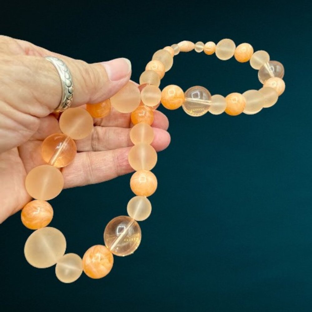 Vintage Frosted Glass Beads Necklace Faux Angel Skin Coral 20" Retro Mid Century